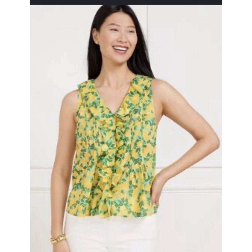 Talbots Pintuck Ruffle Trim Top in the Lemon Bunches Size Petite Small Cotton